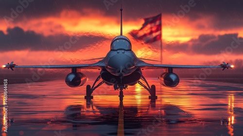 F-16 Fighter Jet on Runway with American Flag at Sunset