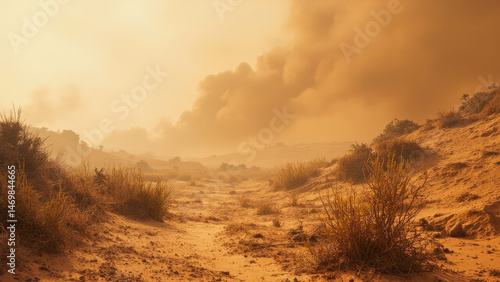 Fototapeta Naklejka Na Ścianę i Meble -  Desert landscape with sand dunes and plants under cloudy sky