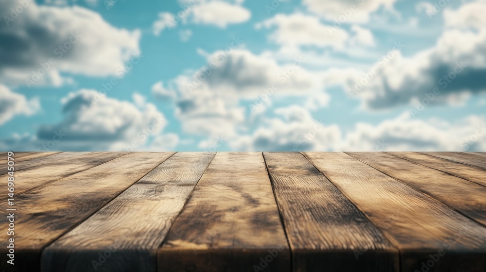 Empty wooden table with cloudy sky background for displaying products