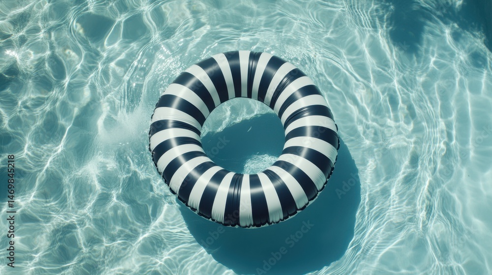 Black and white inflatable ring floating in a refreshing swimming pool