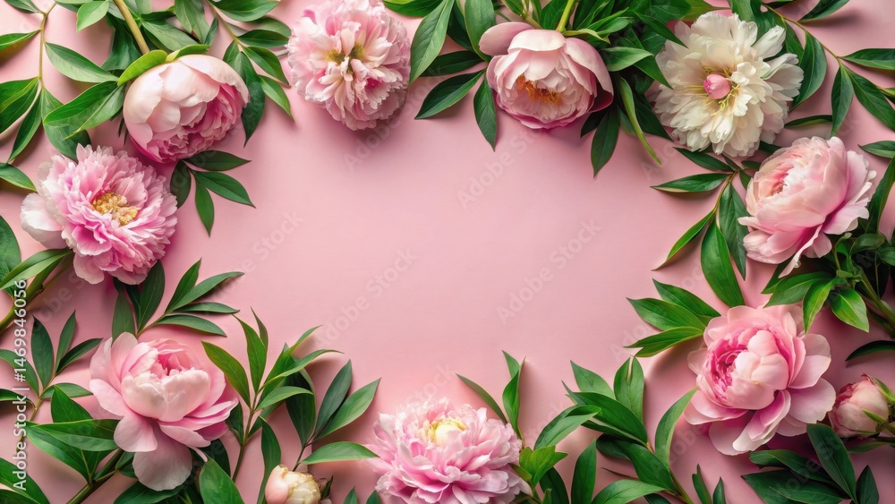 A delicate arrangement of pink peonies and lush green foliage creates a captivating floral frame on a soft pink background, perfect for elegant design and artistic inspiration A delicate arrangement of pink peonies and lush green foliage creates a captivating floral frame on a soft pink background, perfect for elegant design and artistic inspiration