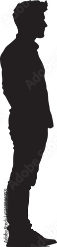 Silhouette of a Man in Profile: A stark black silhouette of a man in profile, standing tall with a neutral expression against the white background, embodying anonymity and universal human form.