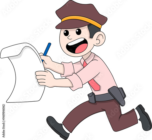 Cartoon Policeman Running with Notepad Illustration