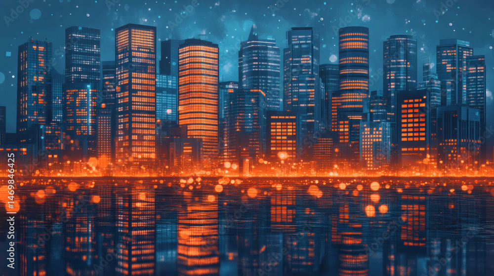 Obraz premium City skyline at night illuminated skyscrapers reflecting in water