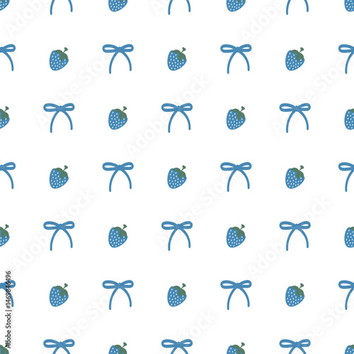 blue coquette bows and strawberries seamless pattern