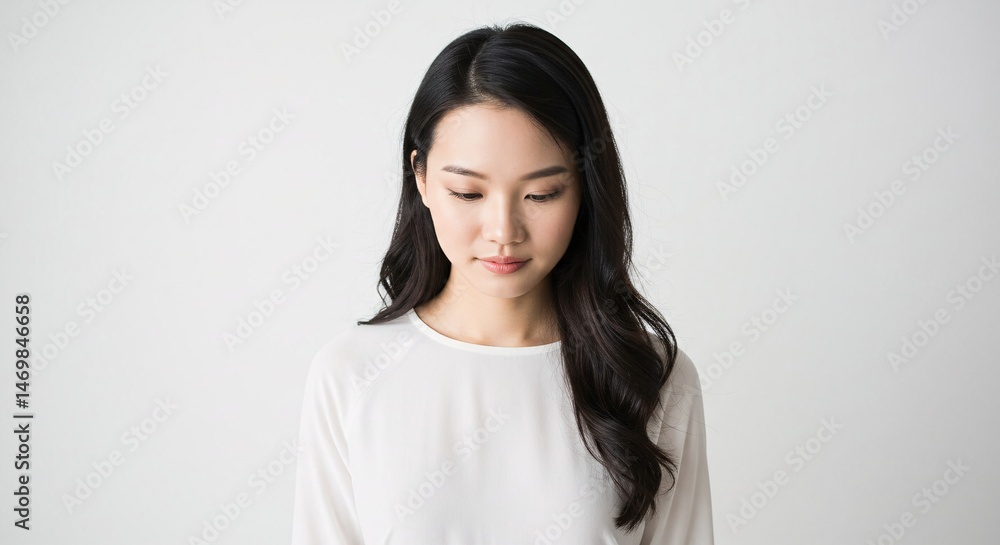 Portrait of a Young Woman with Long Black Hair, Pensive Expression, Wearing a White Shirt Portrait of a Young Woman with Long Black Hair, Pensive Expression, Wearing a White Shirt