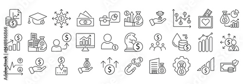 Finance icons depict money investments and growth