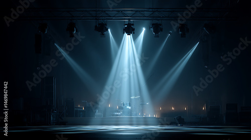 Empty concert stage with dramatic lighting, ready for performance, showcasing sound equipment