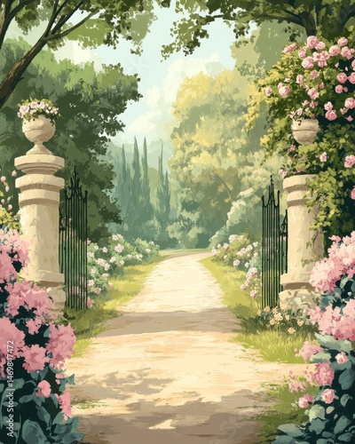 Serene Garden Pathway with Pink Flowers and Stone Pillars