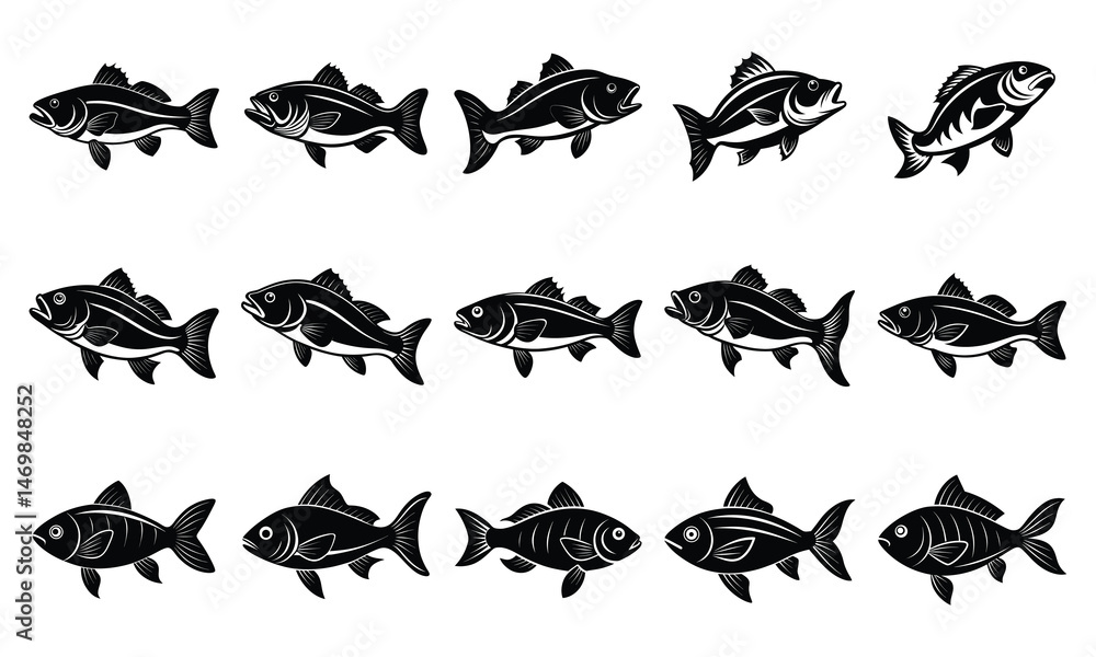 Fototapeta premium A vector set features black silhouettes of animals, including fish and birds, ideal for nature or aquarium illustration and design