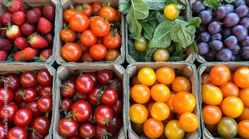 Fresh and Colorful Display of Organic Fruits and Vegetables in Cardboard Containers at Local Farmers Market