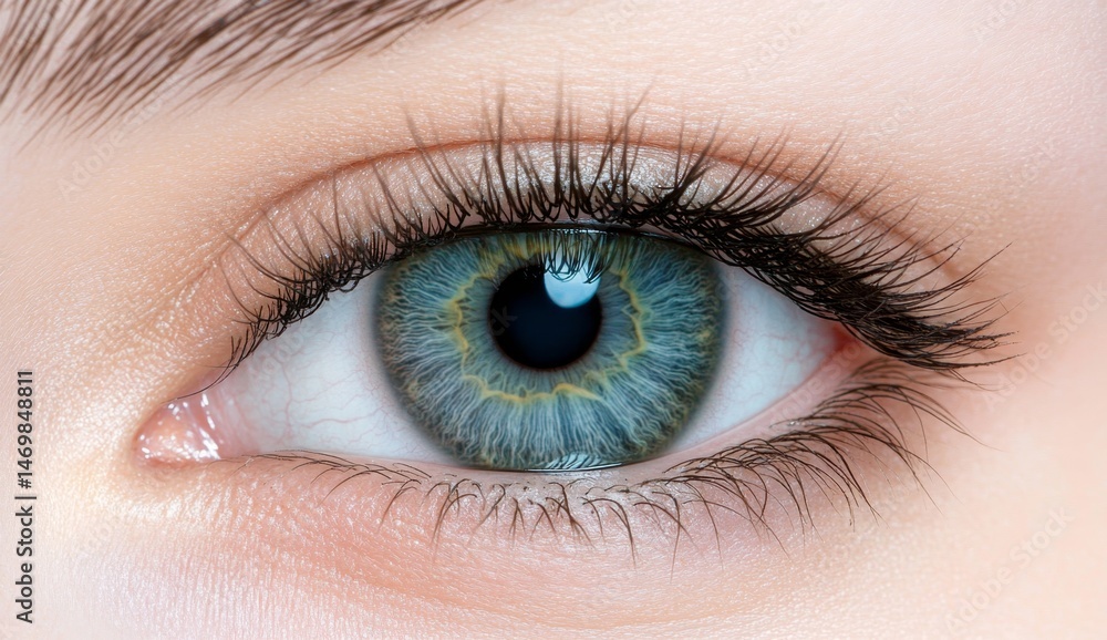 Obraz premium Close-up of a human eye with a beautiful iris, macro photography. Detailed view of a female's green and blue eyes. Human vision concept