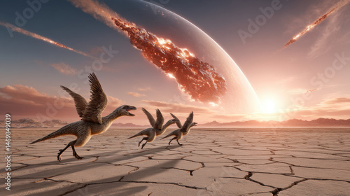 Fototapeta Naklejka Na Ścianę i Meble -  Prehistoric winged dinosaurs fleeing a massive asteroid impact on a cracked desert planet at sunset