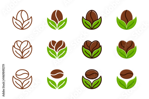 Coffee Bean and Leaf Icon Set in Minimalist and Flat Design Style