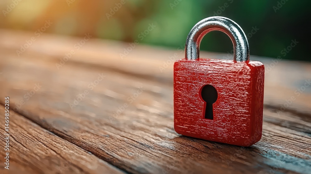 Fototapeta premium Red padlock on a rustic wooden surface, shallow depth of field, soft focus green background. Security, safety, and protection concept