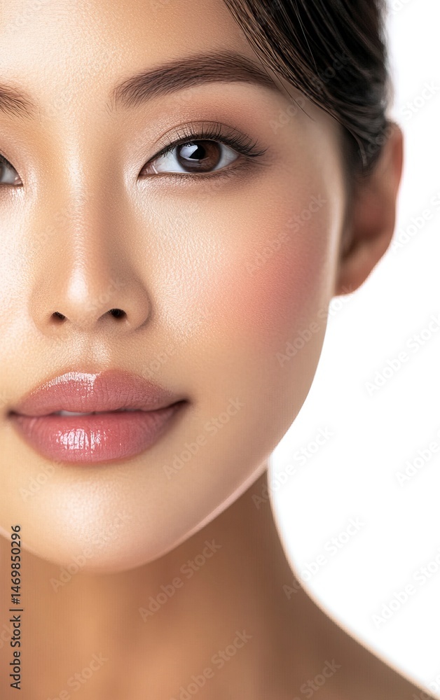 Obraz premium A close-up portrait of an Asian woman with clean, healthy skin and glossy lips on white background. The focus is on her face, showcasing flawless complexion, natural makeup, and subtle smile.