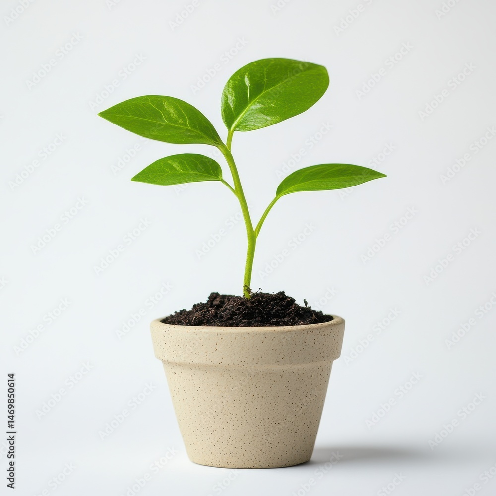 Small plant with green leaves in a beige pot on white background Small plant with green leaves in a beige pot on white background