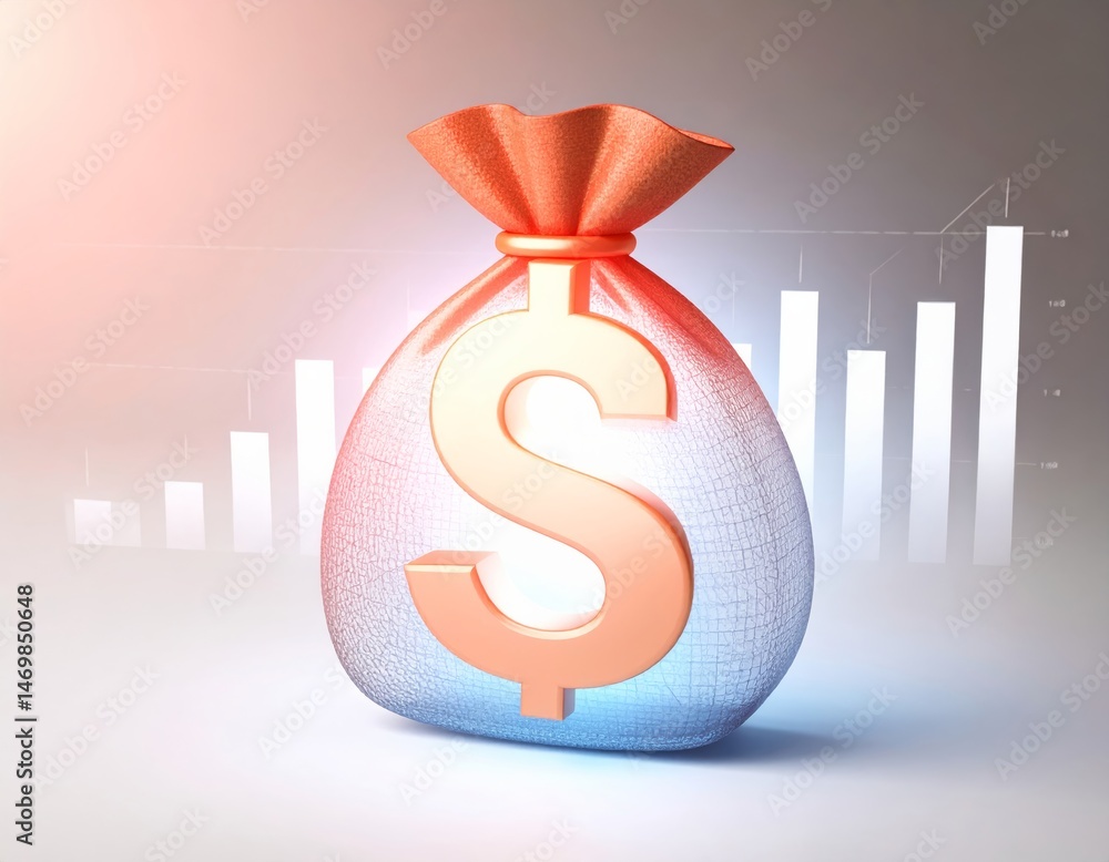 A glowing money bag with a dollar sign is set in front of a rising bar graph, symbolizing financial growth and success.