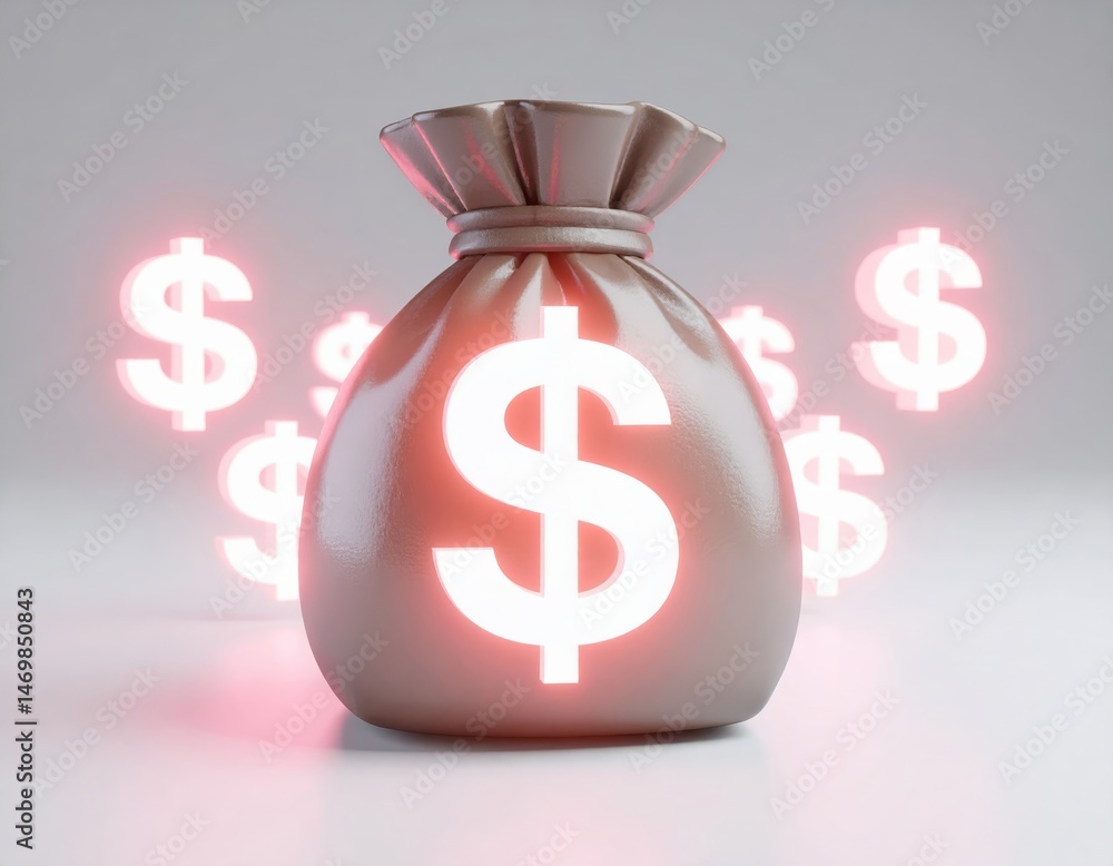 A glowing money bag with dollar signs, symbolizing wealth, finance, and prosperity.