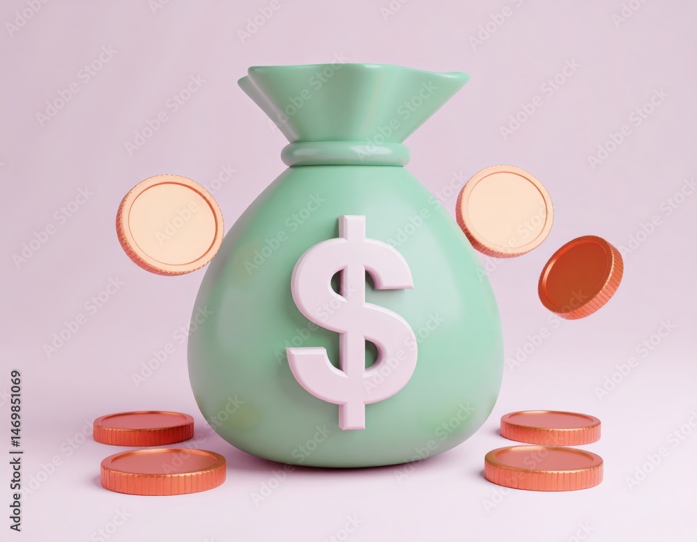 A mint green money bag with a white dollar sign is surrounded by floating gold coins on a pink background.