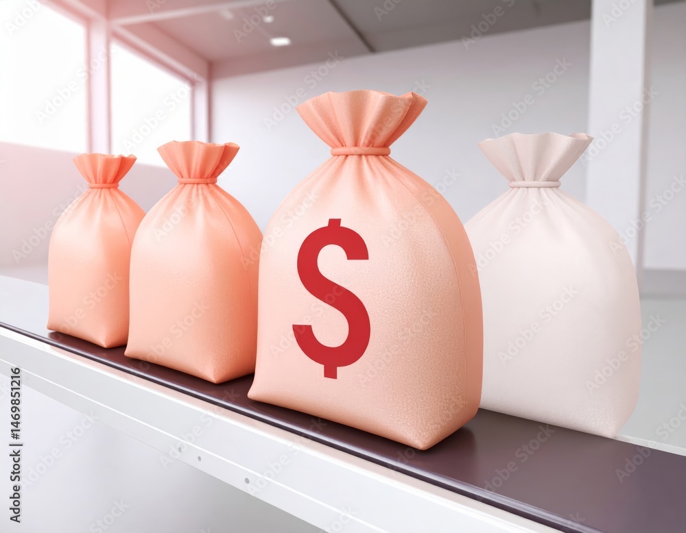 Money bags with a dollar sign sit on a conveyor belt in a modern, well-lit room.