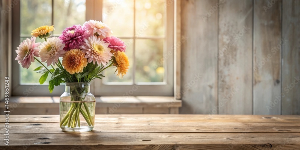 A vibrant bouquet of assorted flowers in a clear glass vase, rests on a rustic wooden table, bathed in sunlight streaming through a nearby window. A vibrant bouquet of assorted flowers in a clear glass vase, rests on a rustic wooden table, bathed in sunlight streaming through a nearby window.