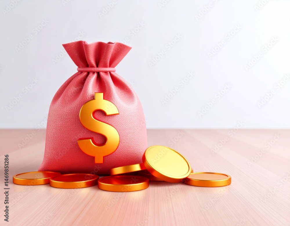 A pink money bag with a gold dollar sign stands on a wooden surface, surrounded by scattered gold coins.