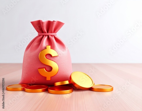 Obraz na płótnie A pink money bag with a gold dollar sign stands on a wooden surface, surrounded by scattered gold coins. w salonie
