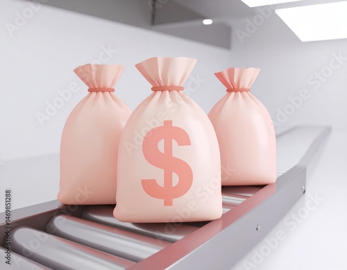 Three money bags with dollar signs sit on a conveyor belt in a bright, modern setting.