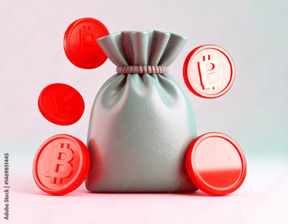 A cloth sack surrounded by red Bitcoin coins, symbolizing cryptocurrency wealth and digital finance.