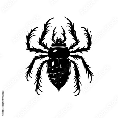 Monochrome portrayal of insect-like figure with decorative feathery limbs