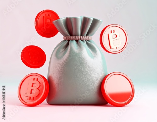 Obraz na płótnie A cloth sack surrounded by red Bitcoin coins, symbolizing cryptocurrency wealth and digital finance. w salonie