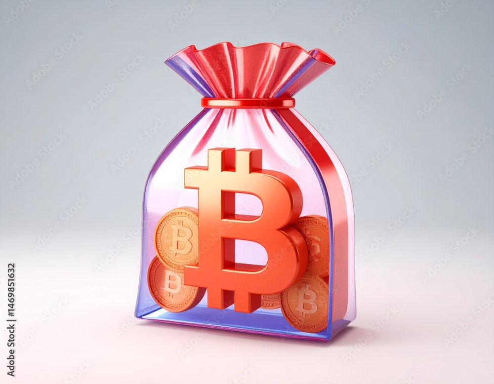 A transparent bag filled with Bitcoin symbols and coins, representing cryptocurrency savings or digital wealth.