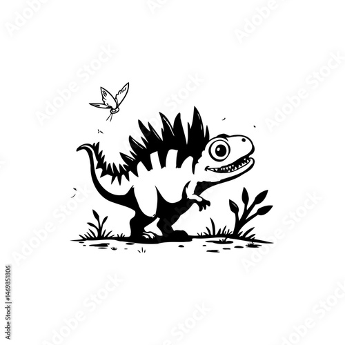 Whimsical cartoon dinosaur illustration in black and white with butterfly design