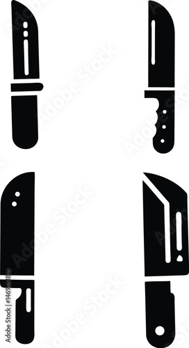 Set of black kitchen knife silhouettes isolated on white background – vector icons of chef, butcher, and utility knives for culinary or cooking design.