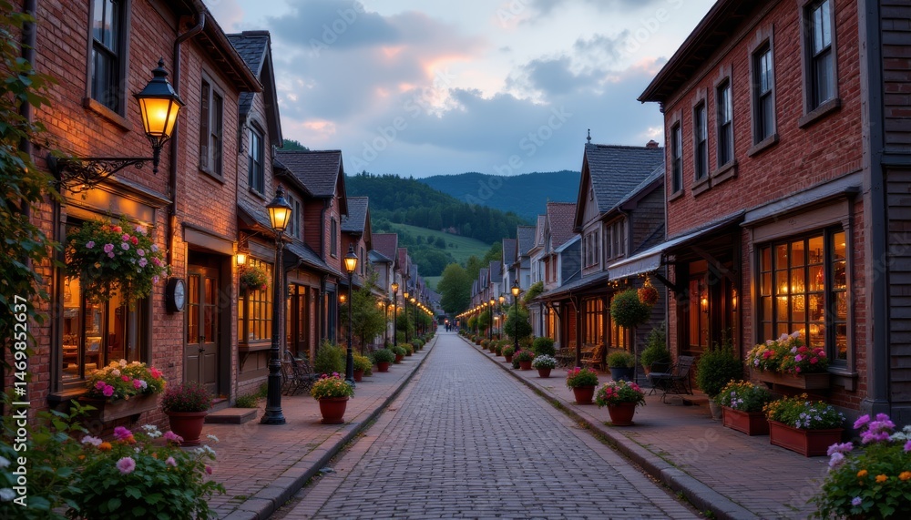 Fototapeta premium Quaint Village Street at Dusk