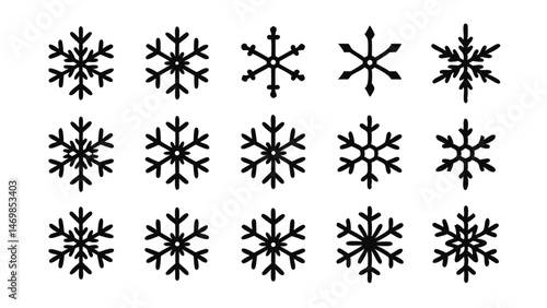 Snowflake line icon set featuring various minimalist pictograms ideal for winter graphics, seasonal design assets, and digital illustrations with vector precision