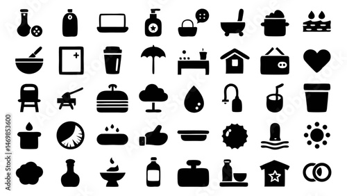Clean vector glyph icon pack for spa and bath visuals, designed to convey wellness, relaxation, and luxury for branding, packaging, or digital health content
