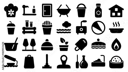 Stylish glyph icon set for spa and bath related visuals, offering modern wellness-themed pictograms ideal for branding, websites, and health-related projects