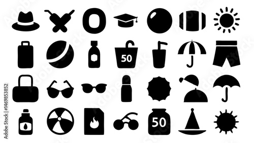 Sun protection SPF icon set designed as bold glyphs ideal for skincare branding sunscreen product packaging beauty blogs and UV safety promotional content