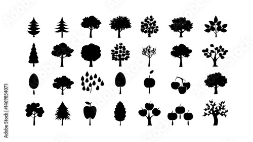 Stylized tree line icons featuring intricate root structures rendered as clean vector pictograms for use in herbal product packaging eco design and nature blogs