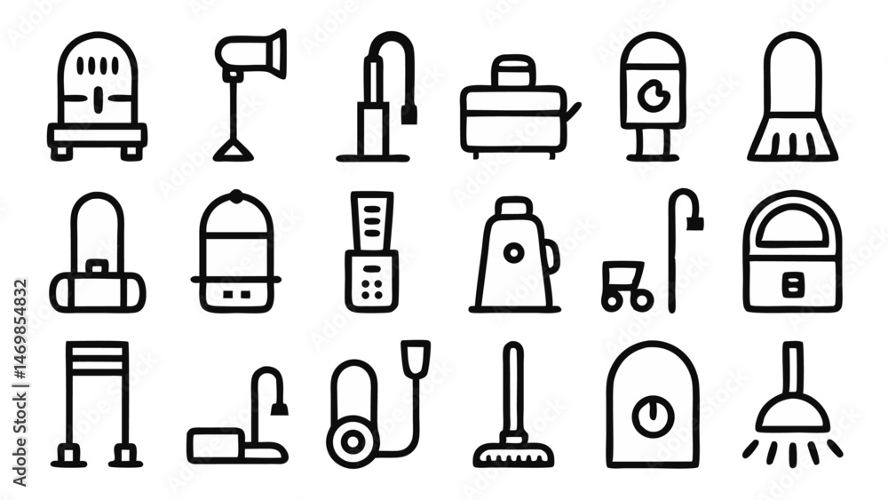 A clean and modern set of vacuum cleaner line icons featuring sleek vector pictograms, ideal for home appliance websites, cleaning services, and tech infographics A clean and modern set of vacuum cleaner line icons featuring sleek vector pictograms, ideal for home appliance websites, cleaning services, and tech infographics