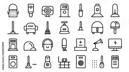 Minimalist vacuum cleaner icons presented in a professional line art style, great for UI design, e-commerce platforms, household product labels, and app design