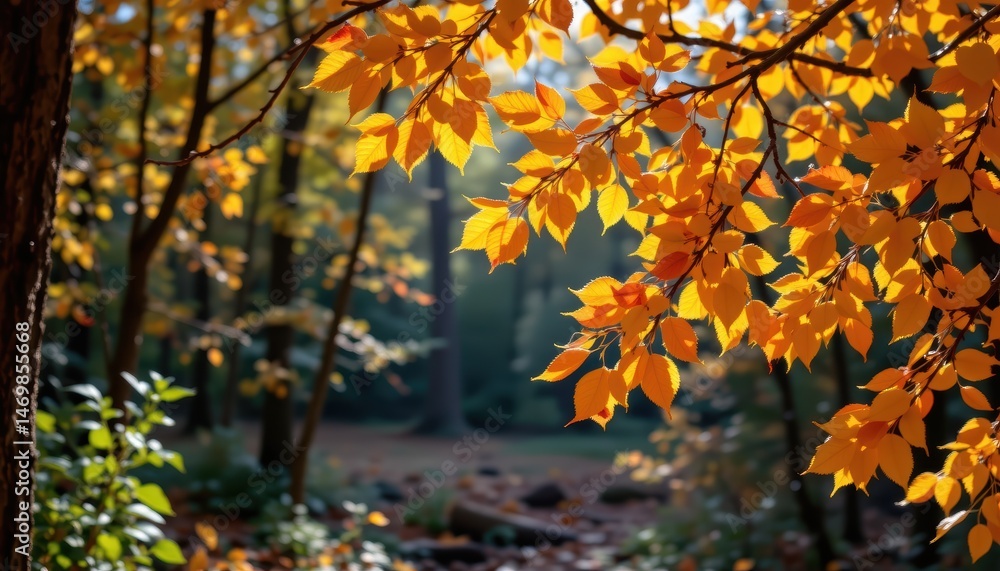 Golden Autumn Leaves Bathed In Soft Sunlight In A Peaceful Forest Setting During Fall Golden Autumn Leaves Bathed In Soft Sunlight In A Peaceful Forest Setting During Fall