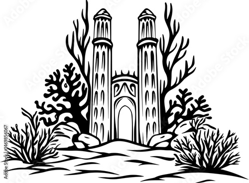 SVG vector of coral reef restoration showing marine life. Ancient Ruins Surrounded by Coral and Marine Life in Black and White