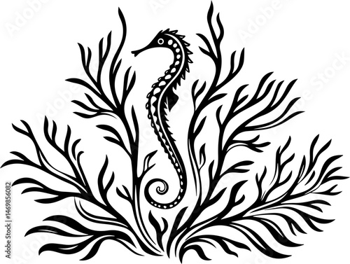 SVG vector of coral reef restoration showing marine life. Artistic Seahorse Illustration Surrounded by Seaweed Design