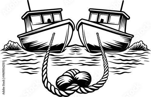 SVG vector of coral reef restoration showing marine life. Two Vintage Fishing Boats Tied Together with Ropes on Water