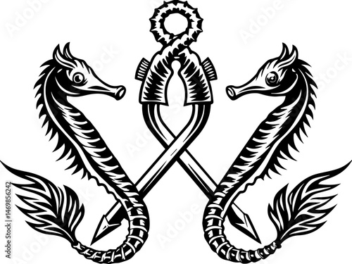 SVG vector of coral reef restoration showing marine life. Artistic Design of Two Seahorses with Anchors and Ropes