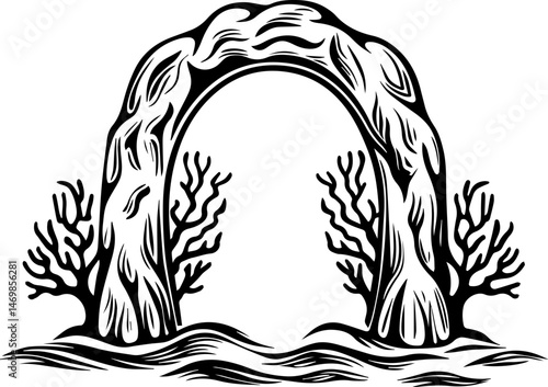 SVG vector of coral reef restoration showing marine life. Decorative Arch Design Surrounded by Stylized Trees and Water