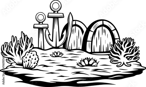 SVG vector of coral reef restoration showing marine life. Vintage Nautical Scene with Anchors, Shells, and Coral Decorations